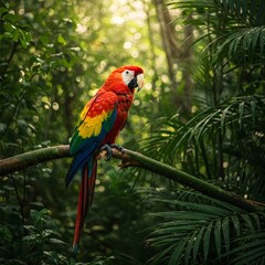 Fototapeta premium Vibrant Scarlet Macaw Perched on a Branch in Lush Rainforest, Natural Light Photography