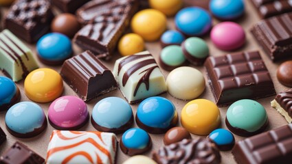 Close up variety of chocolates and candy pieces with round and rectangular shapes