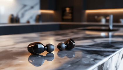 A close-up of wireless earbuds resting on a marble countertop.  Generative AI.