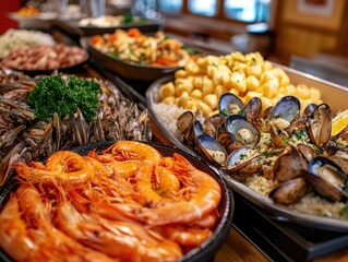 Obraz premium Abundant seafood buffet featuring fresh shrimp mussels and clams with rice and potatoes in warm light