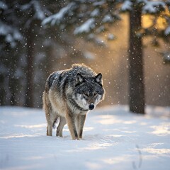 Obraz premium Gray Wolf Walking Through Snowy Forest at Sunset, Winter Wildlife Scene