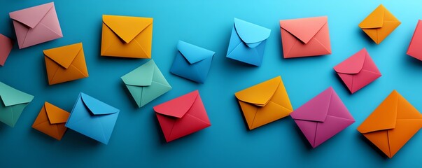 Vibrant blue background with scattered colorful paper envelopes