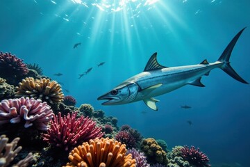 Obraz premium Silver barracuda school over vibrant coral reef, reef, image