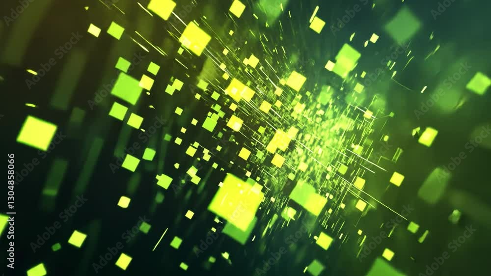 Poster digital matrix: an abstract, dynamic representation of data flow, featuring glowing green cubes and 