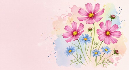Obraz premium A summer meadow illustration template featuring a watercolor floral frame with wildflowers in yellow, blue, white, and pink 