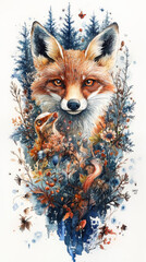 Fototapeta premium captivating watercolor painting of fox surrounded by nature, flowers, and bird, showcasing vibrant colors and intricate