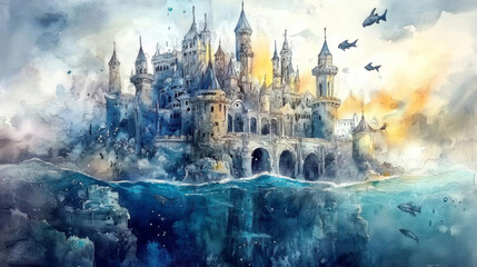 Fototapeta premium captivating watercolor painting of majestic castle surrounded by water, featuring dolphins swimming nearby