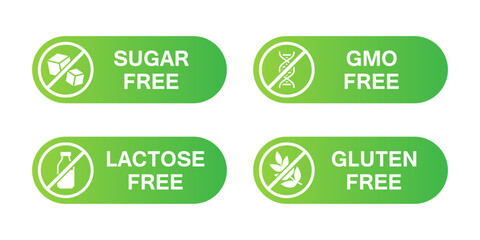 Collection Sticker Label Icons of Sugar, Lactose, GMO and Gluten Free