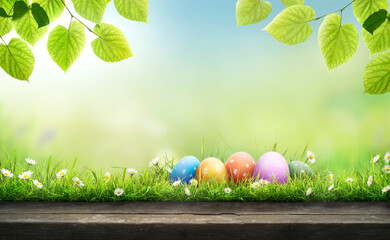 Five painted easter eggs celebrating a Happy Easter on a spring day with a green grass meadow, bright sunlight, tree leaves, warm colour background, copy space and a wooden bench to display products.