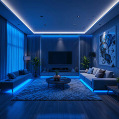 A sleek and cozy modern living room, bathed in soft blue lighting, featuring stylish furniture, minimalistic.