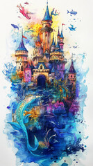 Fototapeta premium vibrant watercolor painting of magical castle surrounded by underwater life, featuring swimmer and colorful marine creatures