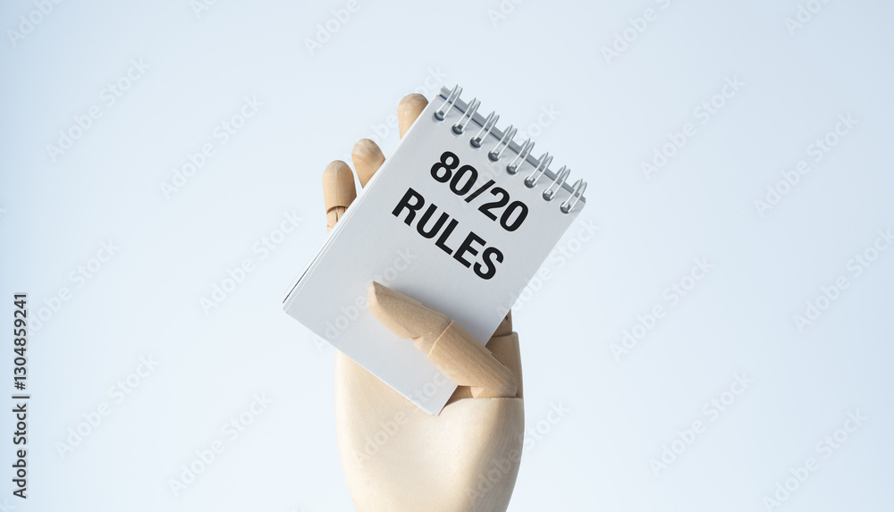 Poster a hand holding a spiral bound notebook with the words 80 and 20 rules written on it