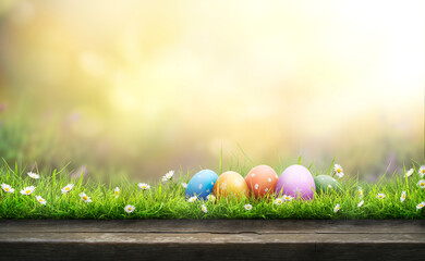 Five painted easter eggs celebrating a Happy Easter on a spring day with a green grass meadow,...