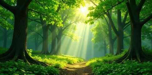 Sun-dappled forest canopy, vibrant spring greens, pattern, fresh