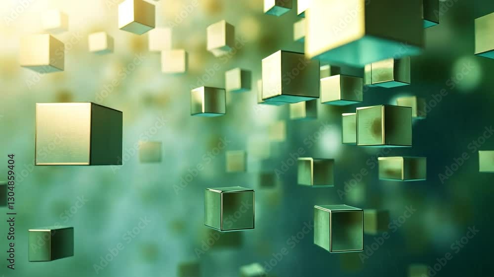 Aufkleber abstract cubes: floating metallic cubes in shades of gold and green create a mesmerizing geometric p