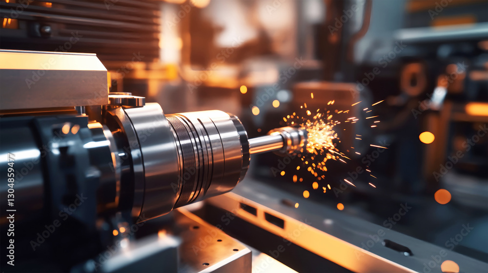 Aufkleber close-up view of a cnc machine cutting metal in a modern factory at dawn, showcasing sparks and prec
