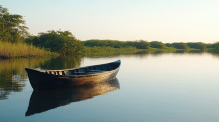 Obraz premium Tranquil Boat on Calm Water Surrounded by Lush Greenery