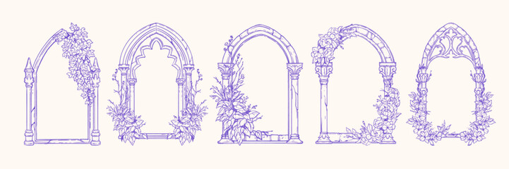 Gothic window frame, hand drawn cloister arch vector border, wedding invitation floral design set. Fantasy vintage medieval portal, celebration romantic flower branch print. Castle pillar gothic frame © Oleksandra