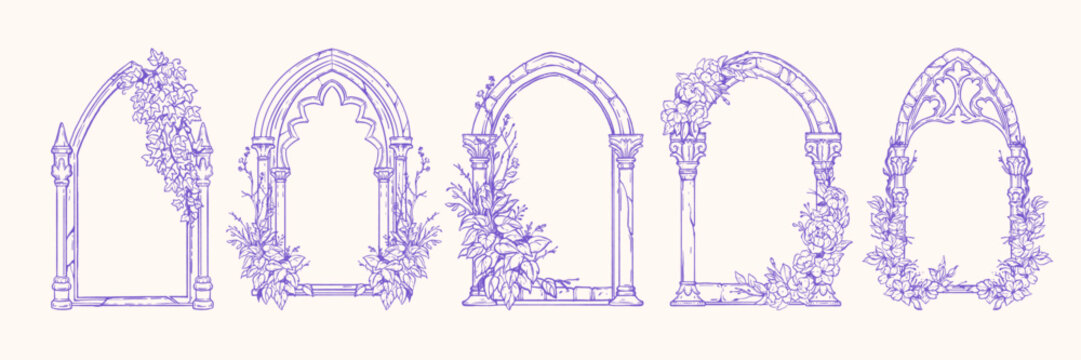 Gothic window frame, hand drawn cloister arch vector border, wedding invitation floral design set. Fantasy vintage medieval portal, celebration romantic flower branch print. Castle pillar gothic frame