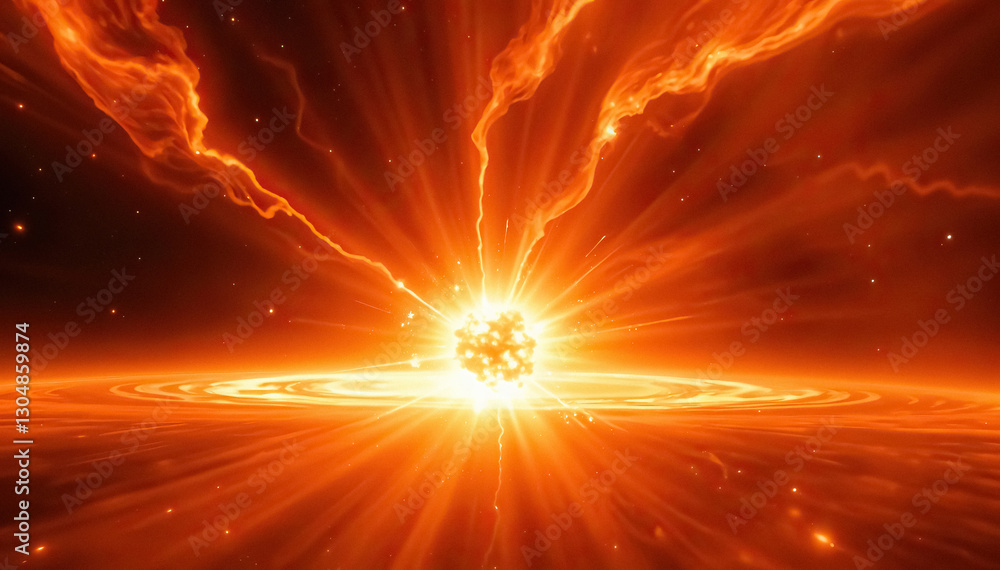 Poster intense orange burst of cosmic energy spreading across universe in spectacular display