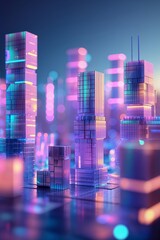 Futuristic cityscape at night with neon lights illuminating modern skyscrapers and glowing pathways
