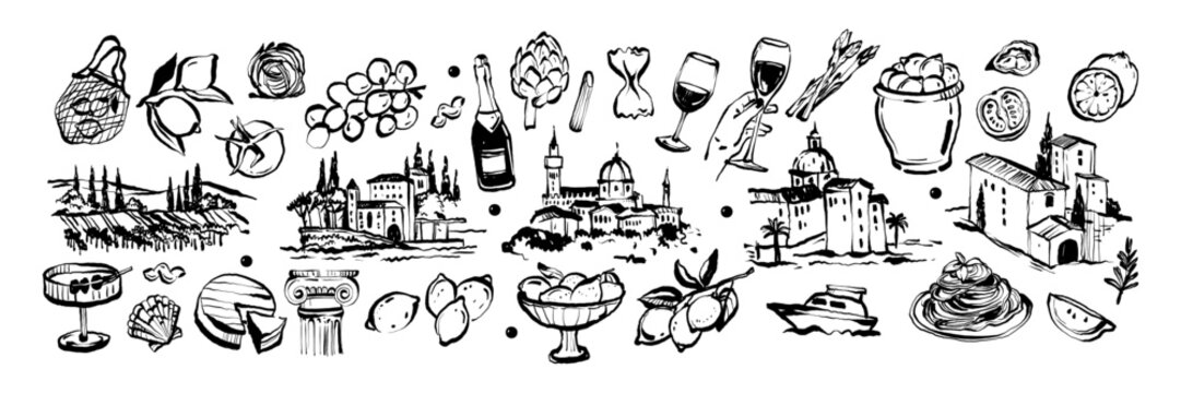 Italian icon set, vector hand drawn food drinks illustration, ink brushstroke texture, wine glass. European landscape view, Florence architecture sketch, eatery doodle collection. Italian icon design