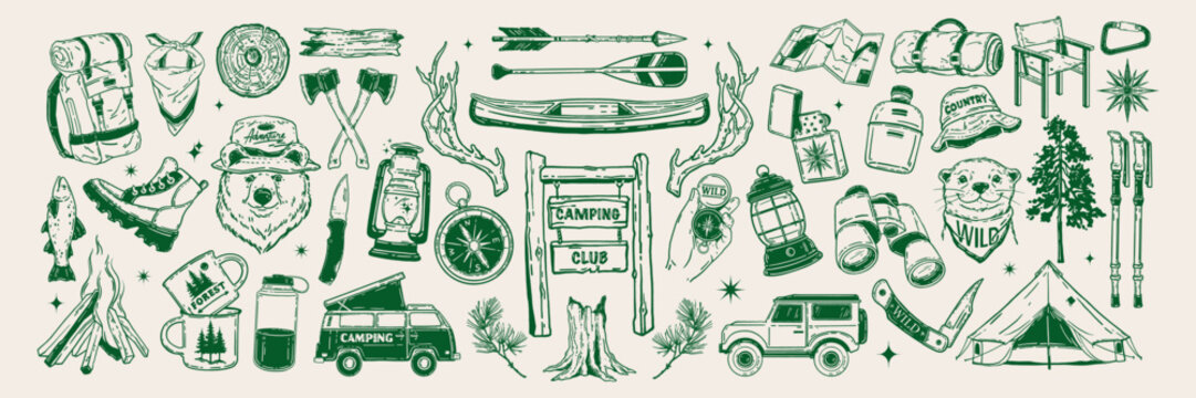 Camping doodle icon set, forest adventure hand drawn vector line sticker, woodland hiking objects. Cute bear outer logotype, outdoor activity adventure badge print, campfire, backpack. Camping doodle