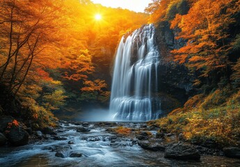 Majestic Autumn Waterfall Surrounded by Vibrant Orange and Yellow Leaves Under a Warm Glow of Sunset in a Serene Nature Landscape