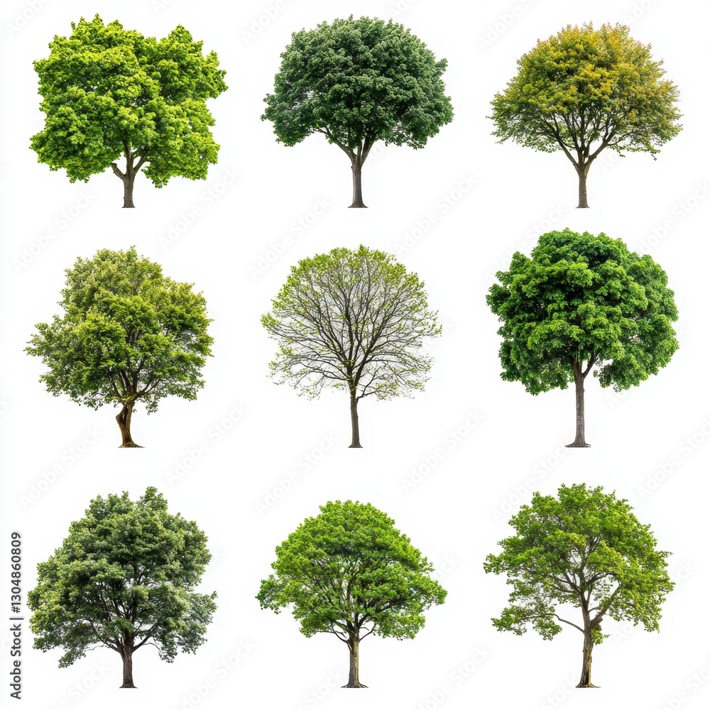Poster diverse collection of trees showcasing foliage variations against a clean white backdrop in a grid a