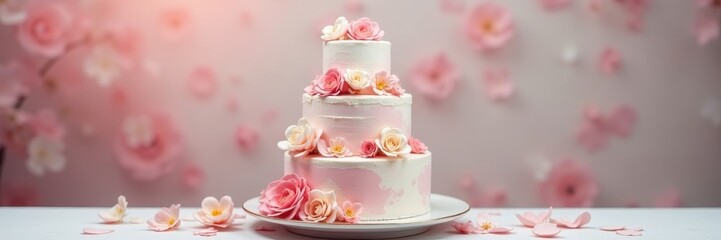 Naklejka premium Stunning three-tier cake, delicate pink & white blooms, sweet, image