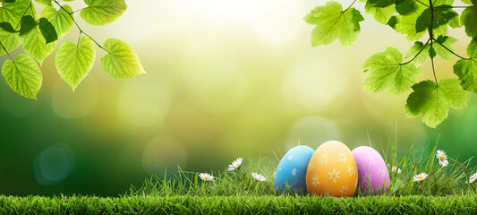 Three painted easter eggs celebrating a Happy Easter on a spring day with a green grass meadow, bright sunlight, tree leaves and a warm colour background with copy space.
