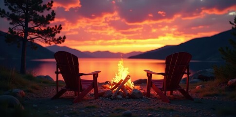 Three camping chairs surrounding vibrant campfire against fiery sunset sky, vibrant, red, dark