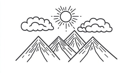 Simple Line Art Mountain Landscape with Sun and Clouds. Possible Use Stock photo for nature, design, or travel themes