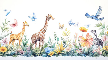 Obraz premium vibrant watercolor painting featuring giraffes, zebra, and butterflies among colorful flowers and foliage