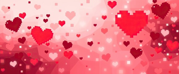 Obraz premium cascade of pixelated hearts in varying sizes and shades of red floating against soft pink backdrop