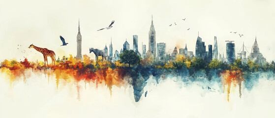 stunning watercolor painting blending wildlife and cityscape, featuring giraffe and horse amidst vibrant skyline