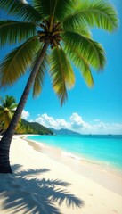 Obraz premium Sun-drenched beach, swaying palm trees, turquoise water, green, white, landscape