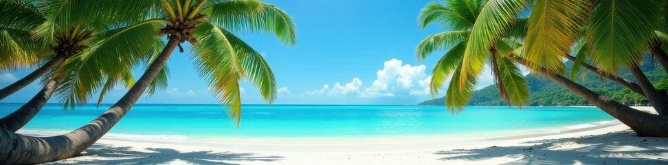 Sun-drenched beach, swaying palm trees, turquoise water, ocean, leaves, vacation