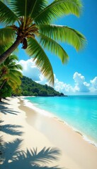 Fototapeta premium Sun-drenched beach, swaying palm trees, turquoise water, serene, sun