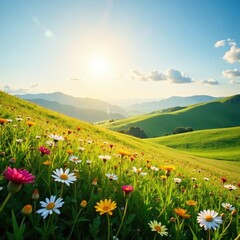 Obraz premium Sun-drenched meadow, rolling hills, vibrant wildflowers, country, peace