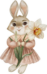 Watercolor illustration of a cute bunny with a daffodil in a whimsical style, featuring trendy 2025 colors. Delicate and charming design, perfect for prints, greeting cards, nursery decor, and more