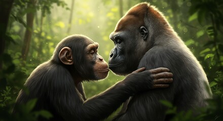 Fototapeta premium Chimpanzee and Gorilla Touching Faces in Lush Green Forest