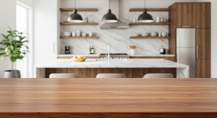 A sleek wooden kitchen countertop with a polished finish placed in the foreground with a blurred view of a modern open concept kitchen in the background