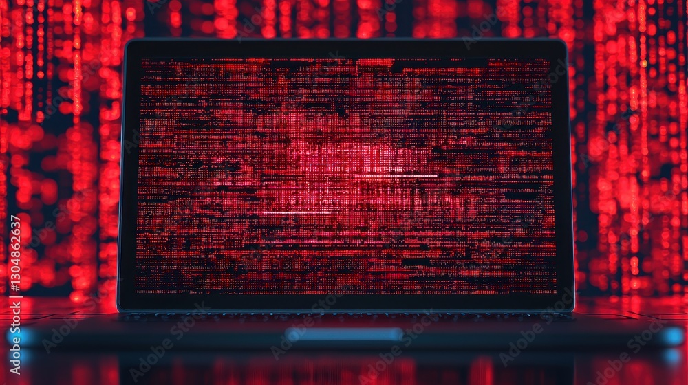 Poster digital matrix code on laptop screen surrounded by red neon lights in dark setting