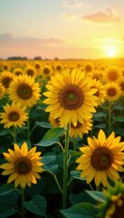 Obraz premium Sunflowers in vast field, golden heads east, dawn light , bright, growth