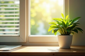 Fototapeta premium Sunlight streams through blinds onto potted plant on kitchen counter , peaceful, kitchen
