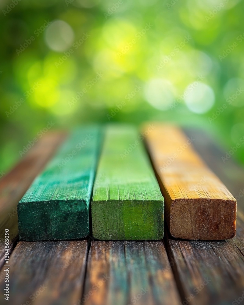 Poster three colorful wooden blocks on rustic table with blurred green background showcasing natural colors