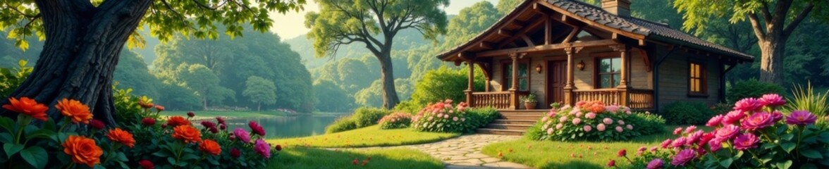 Fantastical home amidst vibrant flowers and leaves , fantasy elements, whimsical architecture