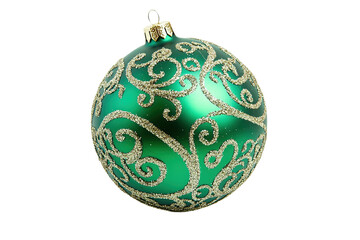 A green ornament with gold trim sits. ,on transparent background.