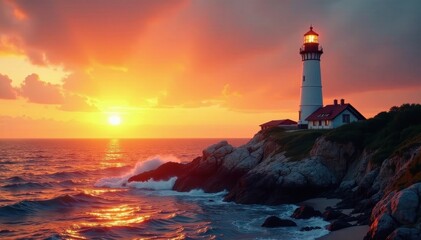 Fototapeta premium Sunrise paints sky gold, lighthouse stands tall on rugged rocks , guidance, coastal, sunrise lighthouse